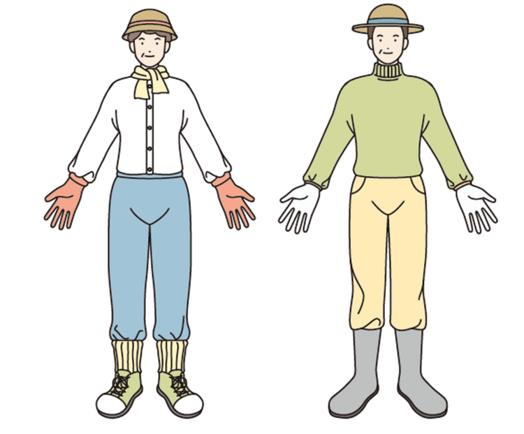 野外では、腕・足・首など、肌の露出を少なくする1,2)